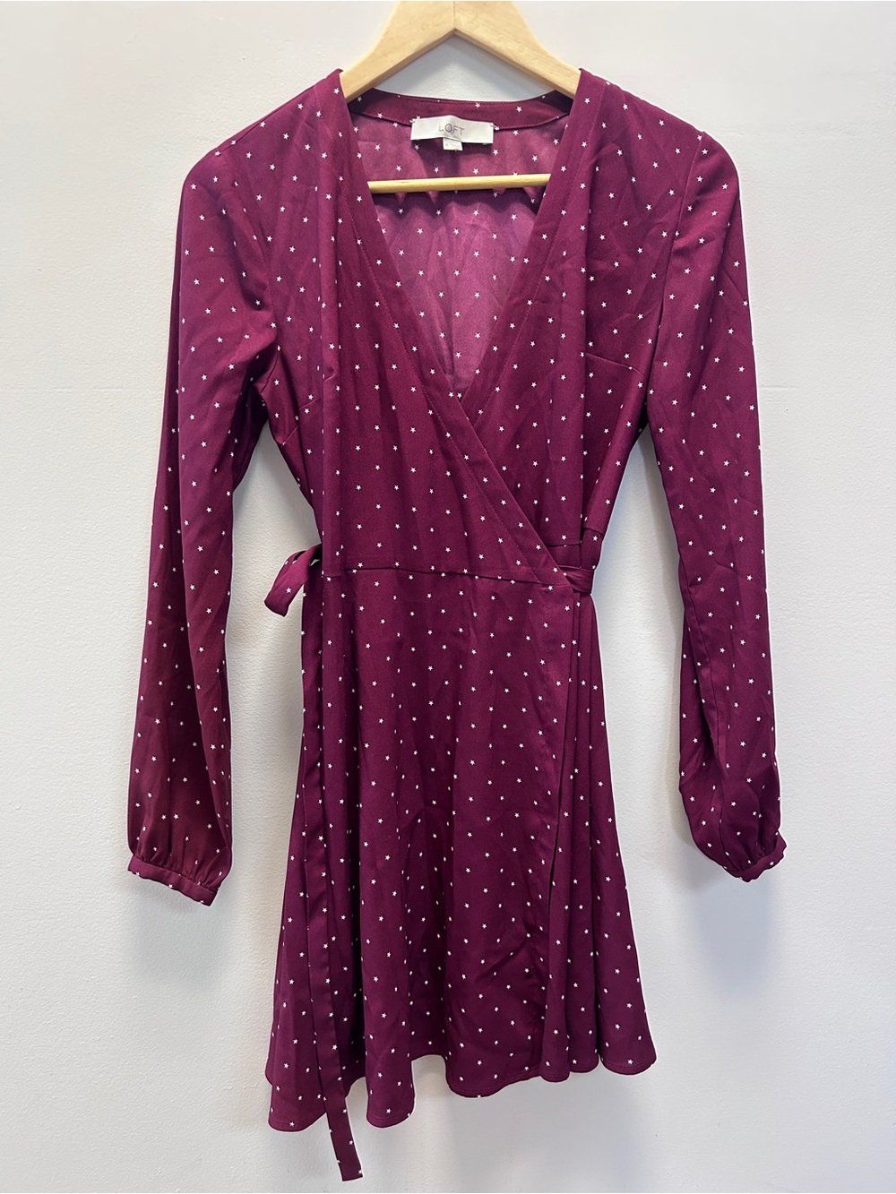LOFT Burgundy Star Dot Long Sleeve Mini Wrap Dress